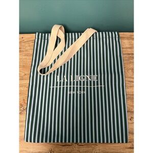 LA LIGNE New York Tote Bag Ice Blue Forest Green Stripe Written Logo NWOT Large